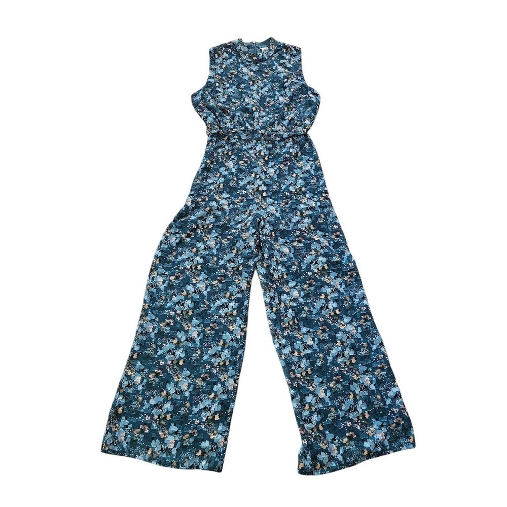 Sadie & Sage Jumpsuit Medium Floral Sleeveless Mock Neck Wide Leg Teal Blue